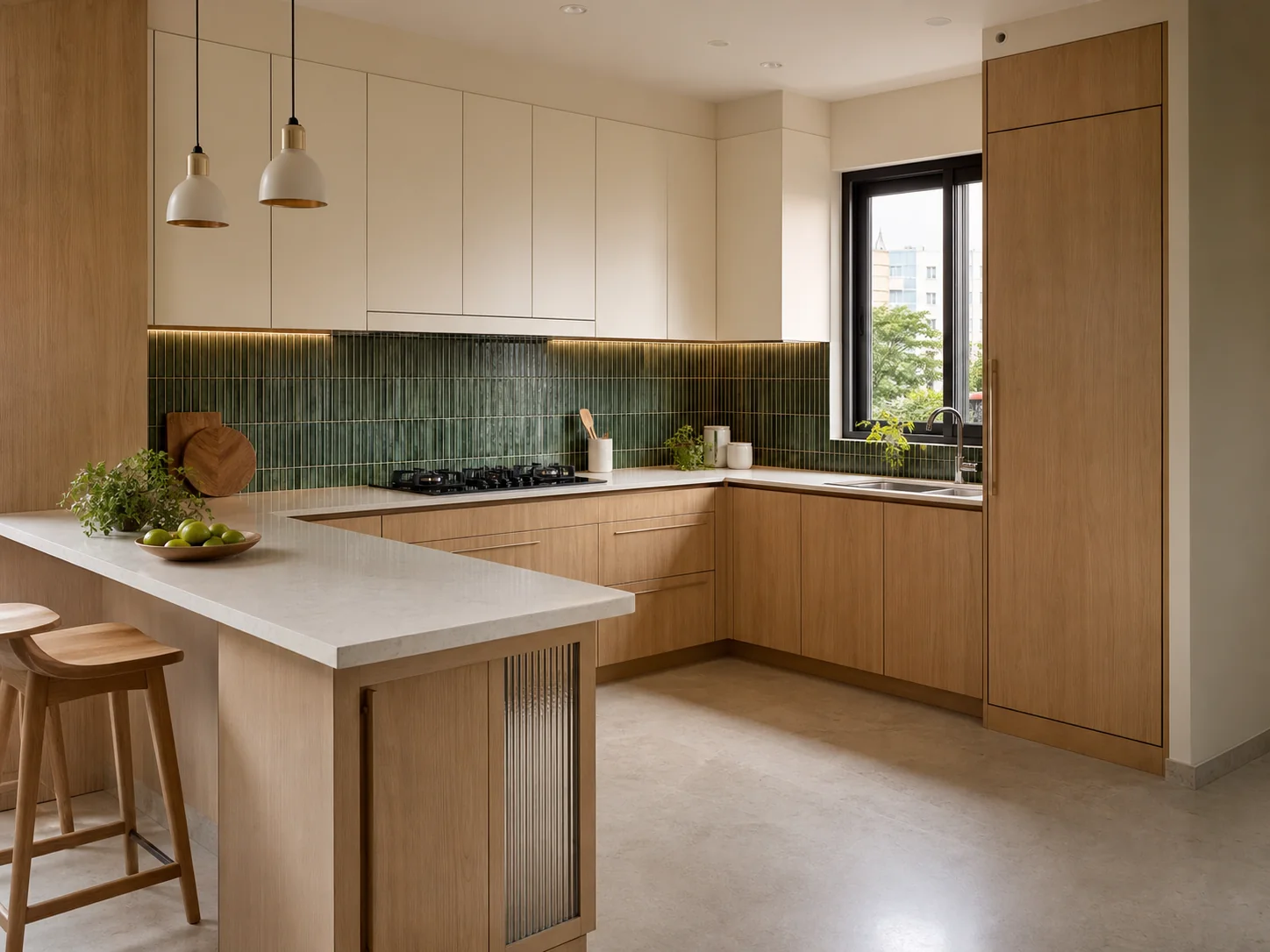 Detailed oak and ivory modular kitchen